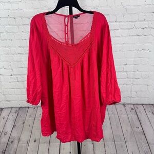 Torrid Red Lace 3/4 Length Sleeve Button Back Blouse Size 3X